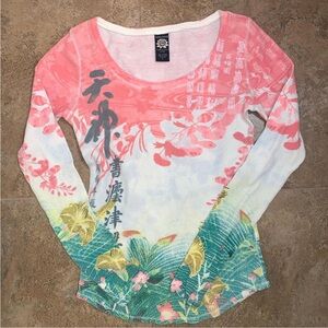 Y2K Lucky Brand Asian inspired long sleeve thermal top 🌸💮🪷